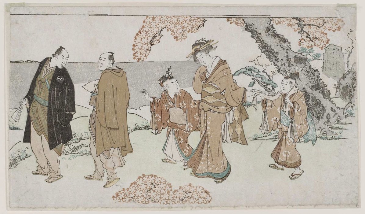 Wikioo.org – La Enciclopedia de las Bellas Artes - Pintura, Obras de arte de Katsushika Hokusai - Caminando Bajo las flores de cerezo
