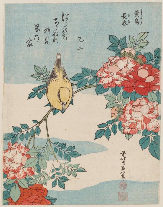 WikiOO.org - Encyclopedia of Fine Arts - Maľba, Artwork Katsushika Hokusai - Warbler And Roses