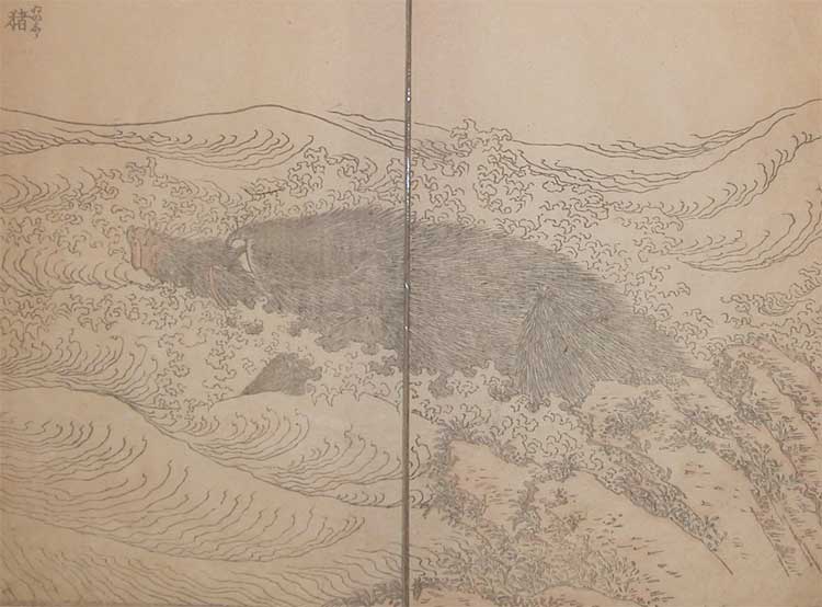 Wikioo.org - The Encyclopedia of Fine Arts - Painting, Artwork by Katsushika Hokusai - Wild Boar In The Waves