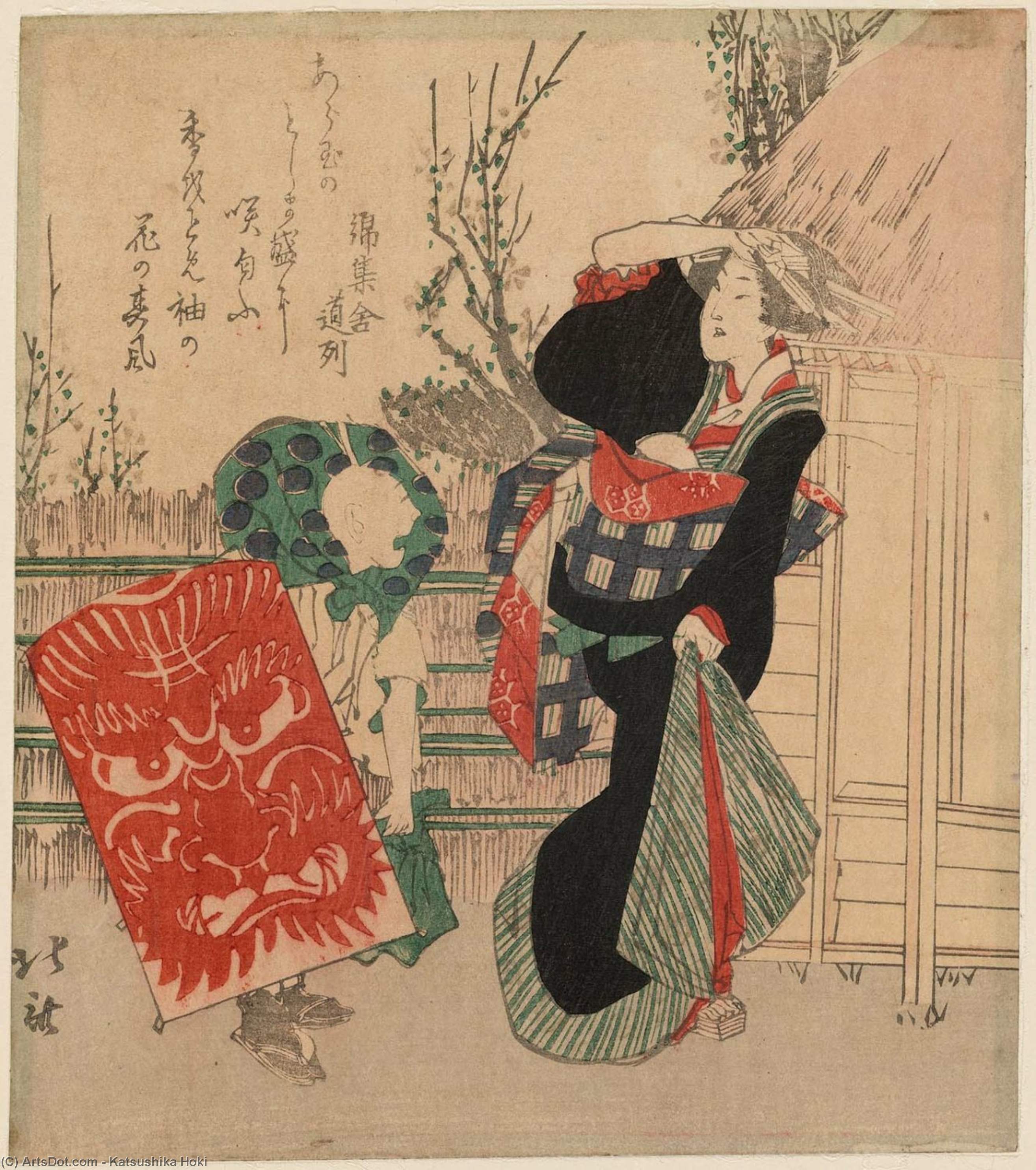 Wikioo.org - The Encyclopedia of Fine Arts - Painting, Artwork by Katsushika Hokusai - Woman And Boy With Kite