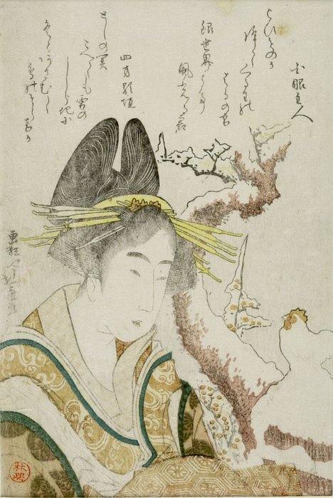 Wikioo.org - The Encyclopedia of Fine Arts - Painting, Artwork by Katsushika Hokusai - Woman And Snow Cock, With Poems