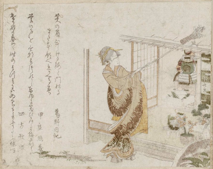 Wikioo.org - The Encyclopedia of Fine Arts - Painting, Artwork by Katsushika Hokusai - Woman Using Broom To Knock Shuttlecock From Roof