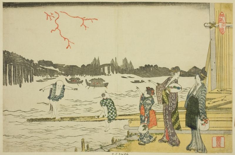WikiOO.org – 美術百科全書 - 繪畫，作品 Katsushika Hokusai - 妇女 孩子  观看  的  烟花