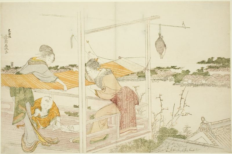 Wikioo.org - The Encyclopedia of Fine Arts - Painting, Artwork by Katsushika Hokusai - Women On A Veranda Stretching Cloth To Dry