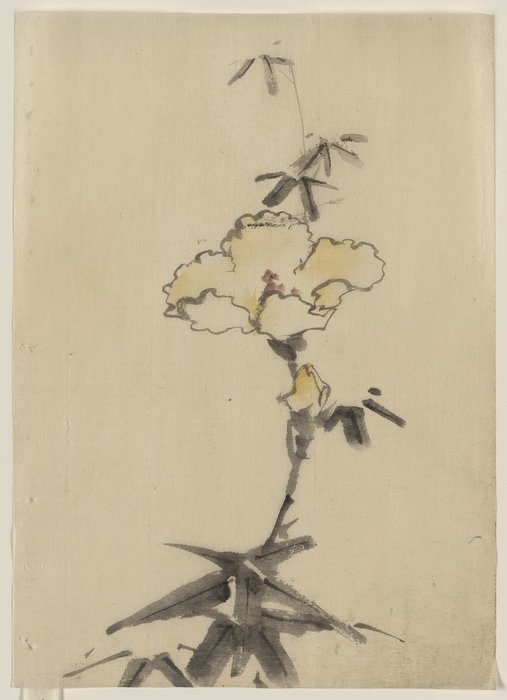 WikiOO.org - Enciclopédia das Belas Artes - Pintura, Arte por Katsushika Hokusai - Yellow Blossom With Bud On A Stalk Above Leaves