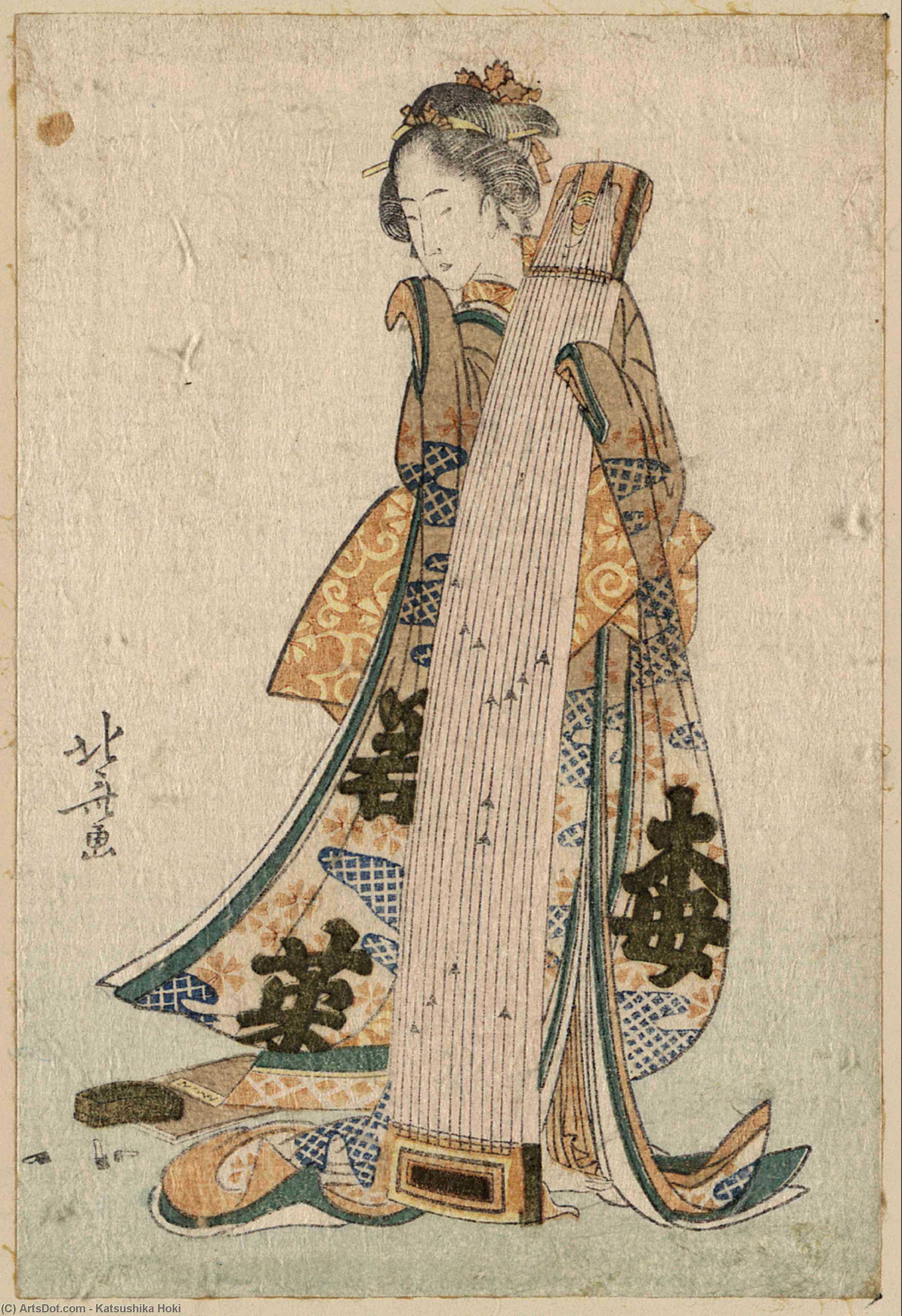 Wikioo.org - The Encyclopedia of Fine Arts - Painting, Artwork by Katsushika Hokusai - Young Maiden Holding A Zither