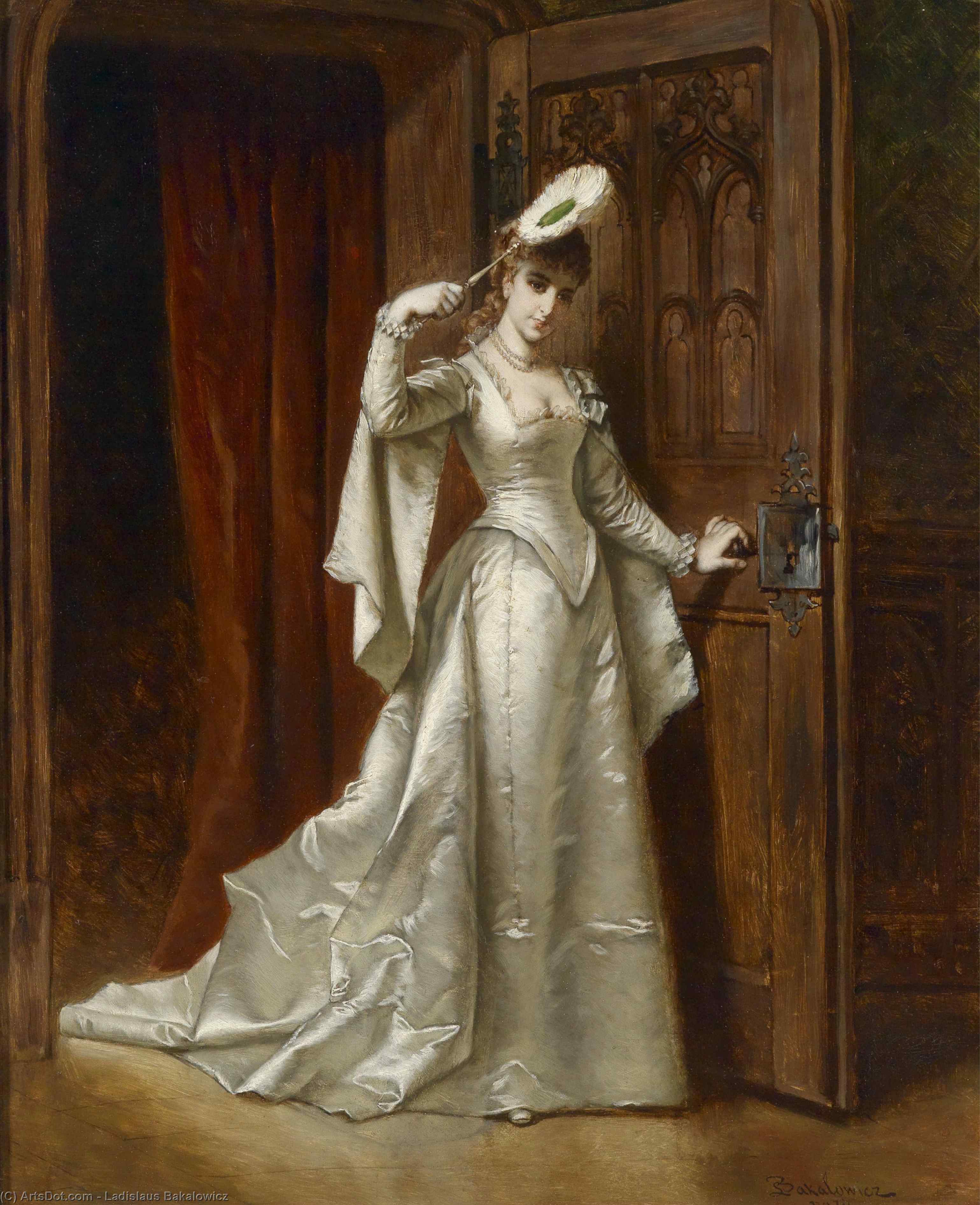 Wikioo.org - The Encyclopedia of Fine Arts - Painting, Artwork by Ladislaus Bakalowicz - Elegant Lady In A White Damask Dress
