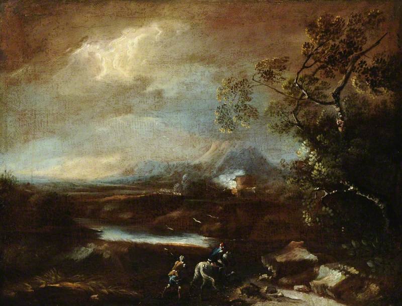 Wikioo.org - The Encyclopedia of Fine Arts - Painting, Artwork by Lukas Moser - Stormy Mountainous Italianate Landscape With Travellers