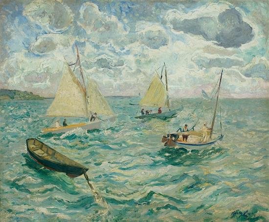 WikiOO.org - Encyclopedia of Fine Arts - Maalaus, taideteos Richard Hayley Lever - Fresh Breeze And Sailboats, Marblehead, Massachusetts