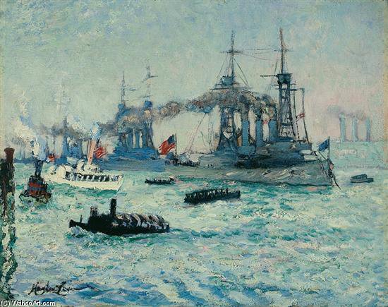Wikioo.org - สารานุกรมวิจิตรศิลป์ - จิตรกรรม Richard Hayley Lever - U.S. Battleships Down The Hudson River