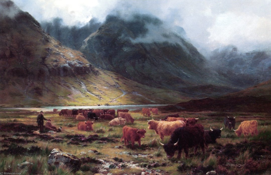 WikiOO.org - Enciclopédia das Belas Artes - Pintura, Arte por Louis Bosworth Hurt - Highland Cattle In A Glen