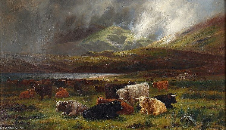 Wikioo.org - The Encyclopedia of Fine Arts - Painting, Artwork by Louis Bosworth Hurt - Highland Cattle Resting Near A Loch