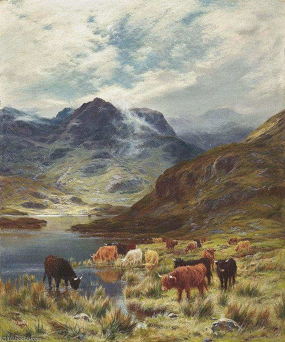 Wikoo.org - موسوعة الفنون الجميلة - اللوحة، العمل الفني Louis Bosworth Hurt - Highland Cattle Watering Beside A Loch