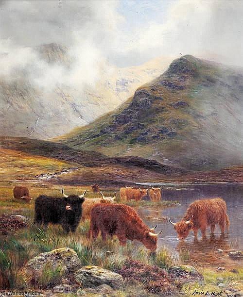 Wikioo.org – L'Enciclopedia delle Belle Arti - Pittura, Opere di Louis Bosworth Hurt - Highland Cattle Watering