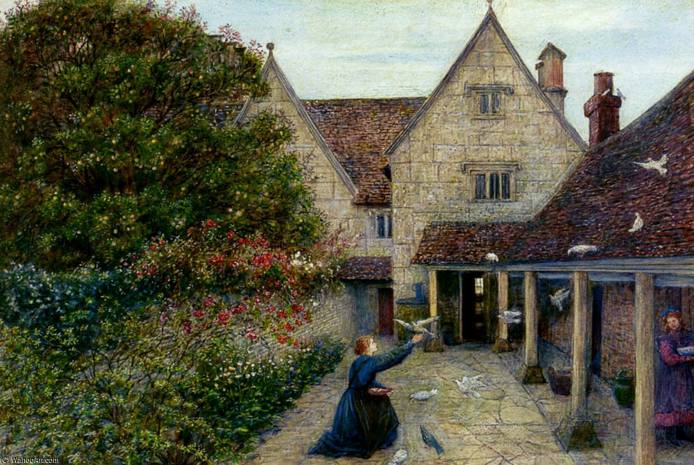 Wikioo.org - The Encyclopedia of Fine Arts - Painting, Artwork by Marie Spartali Stillman - Feeding The Doves At Kelmscott Manor, Oxfordshire