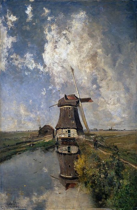 Wikioo.org - Bách khoa toàn thư về mỹ thuật - Vẽ tranh, Tác phẩm nghệ thuật Paul Joseph Constantine Gabriel - Windmill On A Polder Waterway