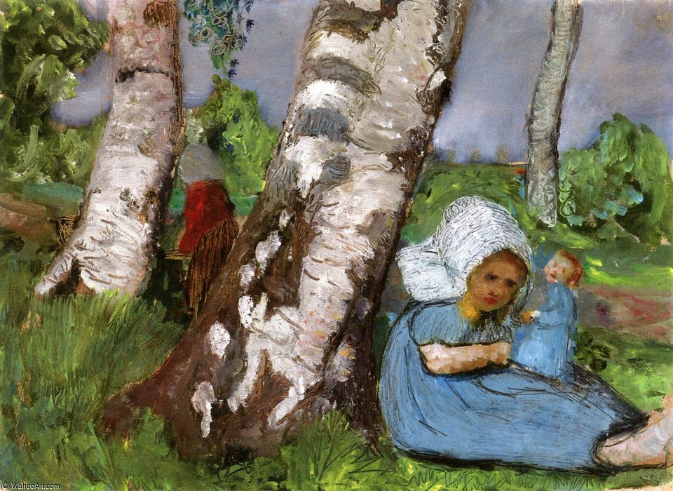 Wikioo.org - The Encyclopedia of Fine Arts - Painting, Artwork by Paula Modersohn Becker - Child With Doll Sitting On A Birch Trunk