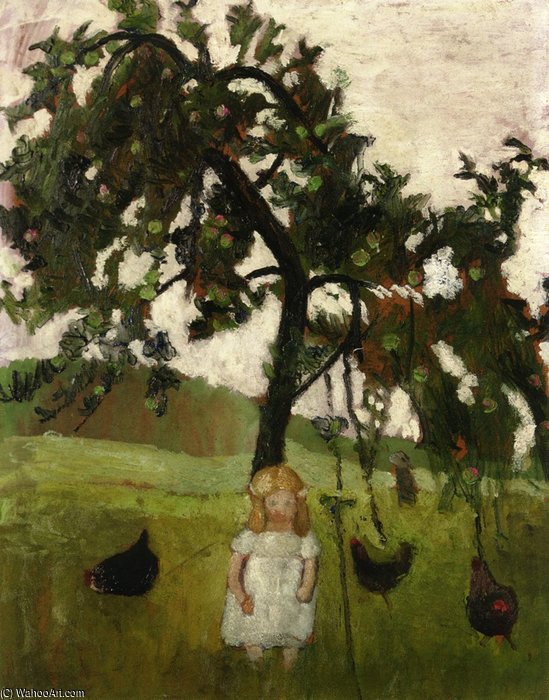 Wikioo.org - The Encyclopedia of Fine Arts - Painting, Artwork by Paula Modersohn Becker - Elizabeth With Hens Under An Apple Tree