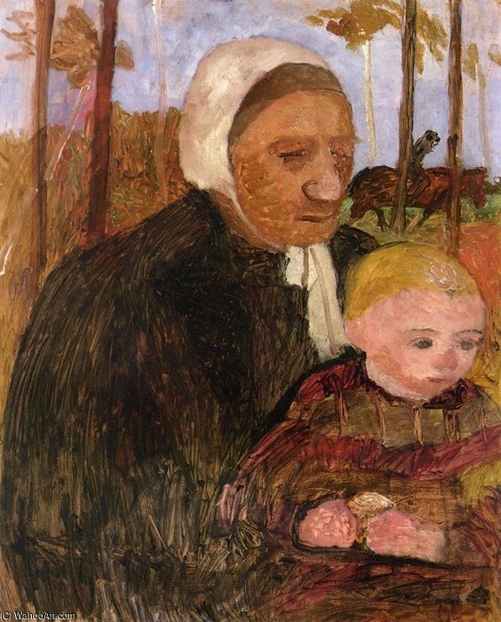 Wikioo.org - The Encyclopedia of Fine Arts - Painting, Artwork by Paula Modersohn Becker - Farmwoman With Child, Rider In The Background