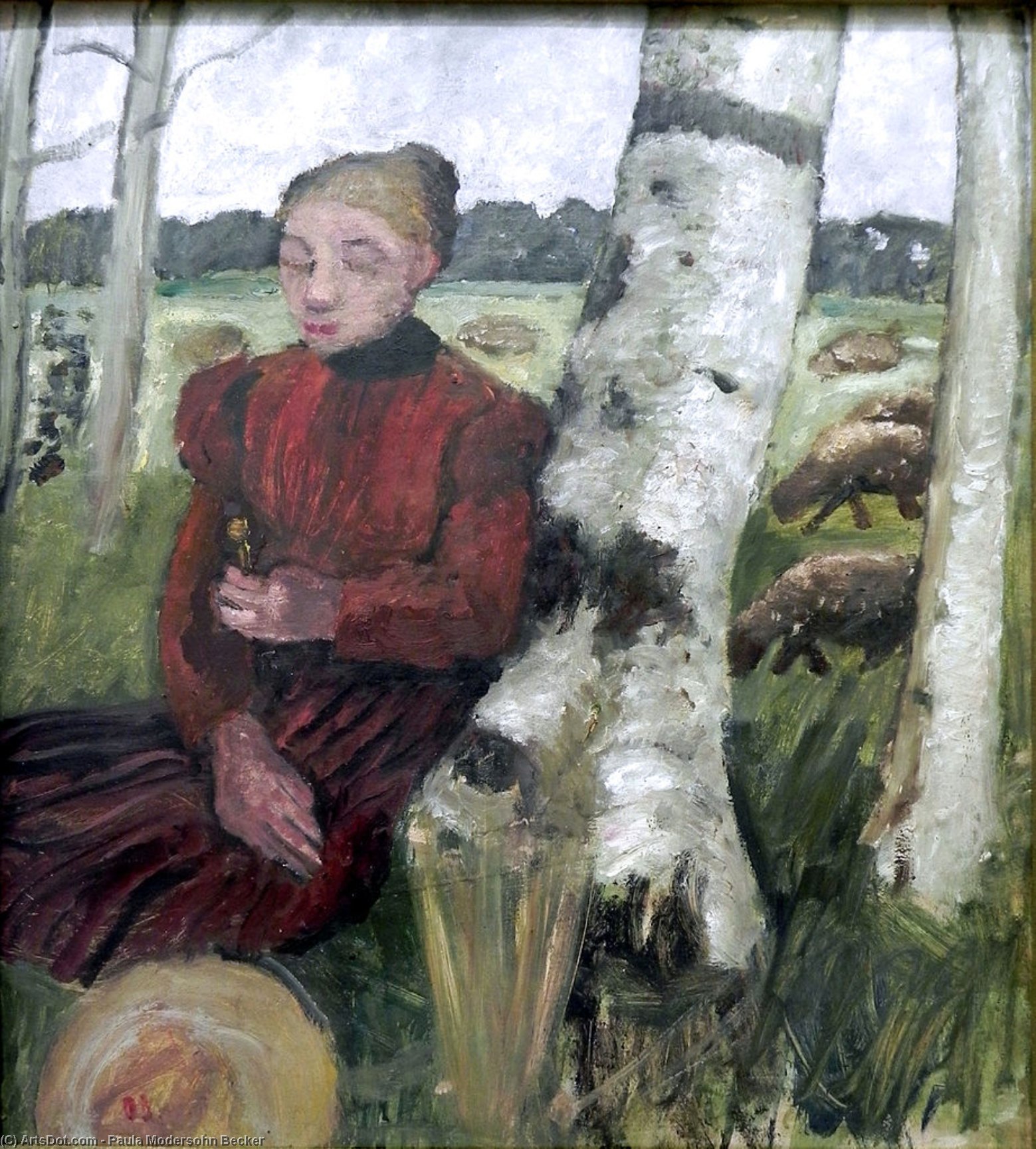 Wikoo.org - موسوعة الفنون الجميلة - اللوحة، العمل الفني Paula Modersohn Becker - Girl Resting On Birch Trunk