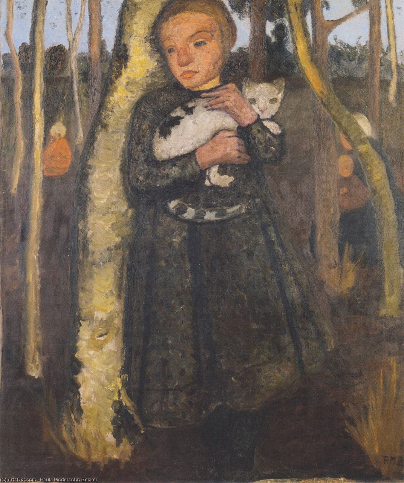 Wikioo.org - The Encyclopedia of Fine Arts - Painting, Artwork by Paula Modersohn Becker - Girl With Cat In The Birch Forest
