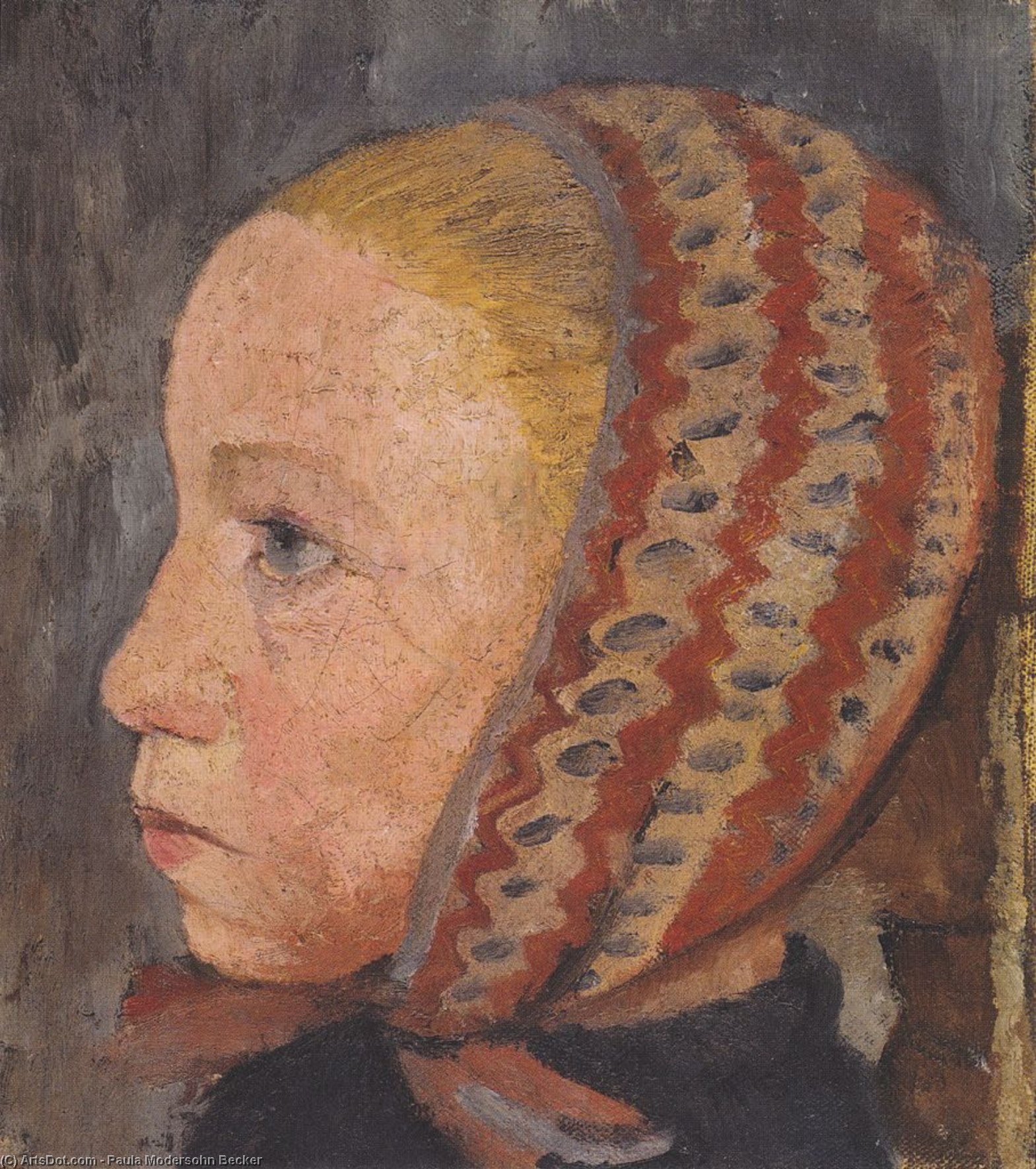 Wikioo.org - The Encyclopedia of Fine Arts - Painting, Artwork by Paula Modersohn Becker - Head Of A Girl With Striped Hat