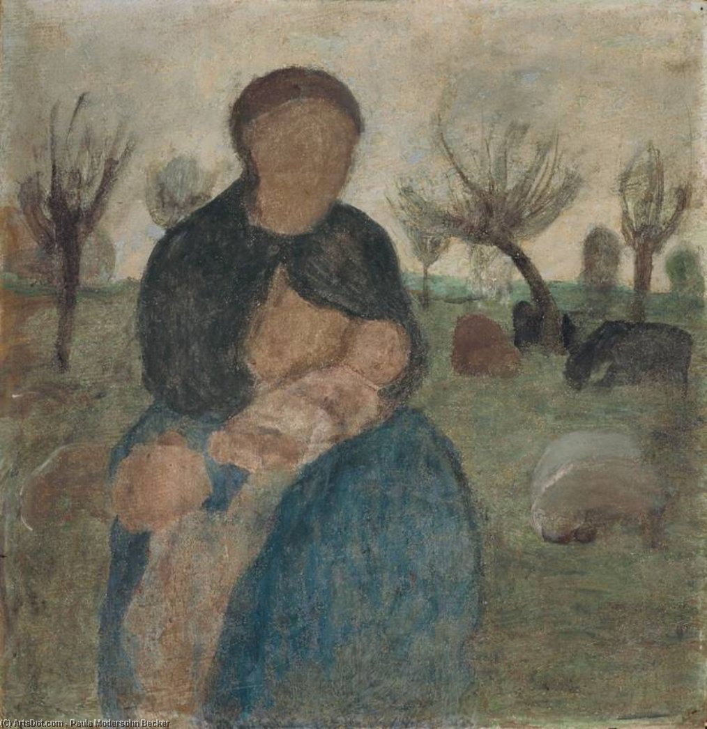WikiOO.org – 美術百科全書 - 繪畫，作品 Paula Modersohn Becker - 母亲 与 宝宝 她的乳房 与儿童 在 风景