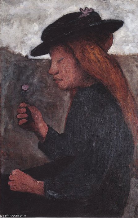 Wikioo.org - The Encyclopedia of Fine Arts - Painting, Artwork by Paula Modersohn Becker - Seated Girl With Black Hat And Flower In Her Hand