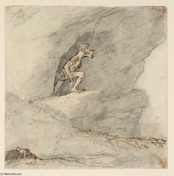 Wikioo.org - The Encyclopedia of Fine Arts - Painting, Artwork by Nathaniel Dance-Holland - A Dog-headed Monster In A Cave, A Lilliputian Figure Below
