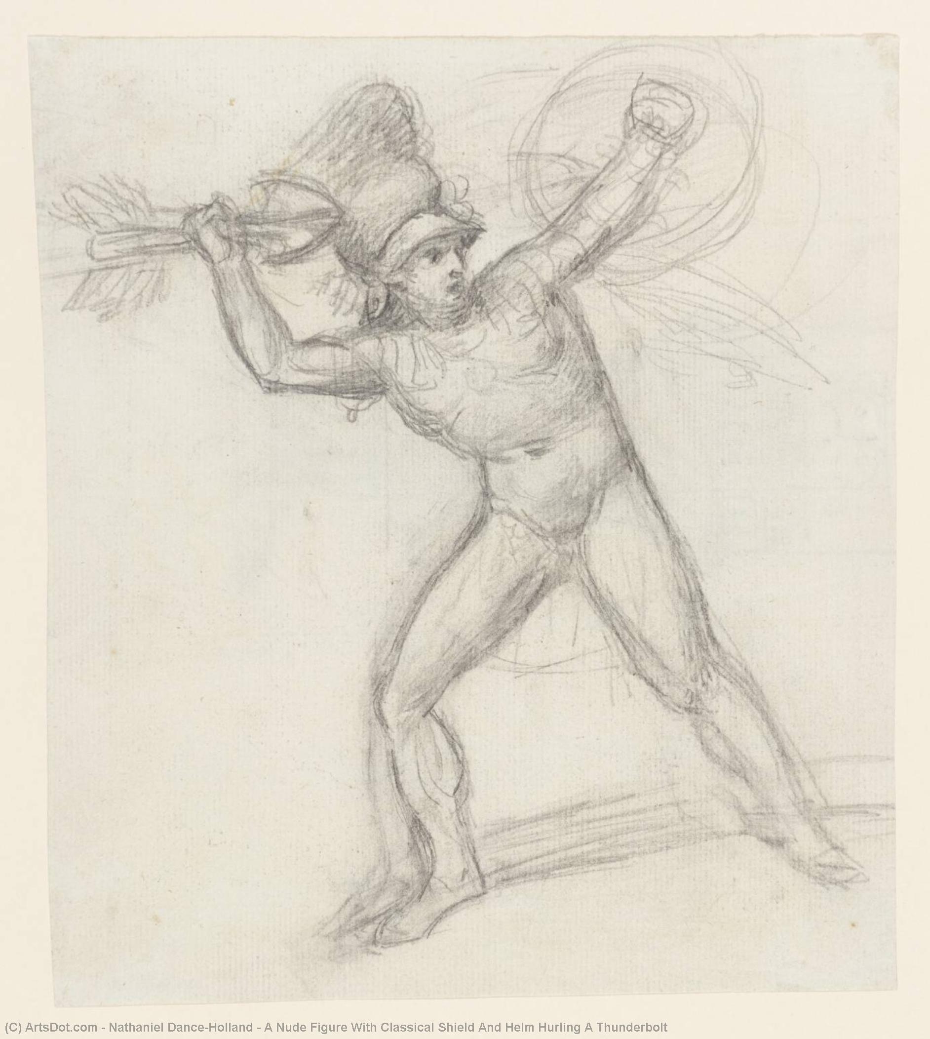 Wikioo.org - The Encyclopedia of Fine Arts - Painting, Artwork by Nathaniel Dance-Holland - A Nude Figure With Classical Shield And Helm Hurling A Thunderbolt