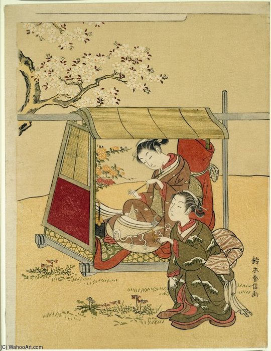 WikiOO.org - Güzel Sanatlar Ansiklopedisi - Resim, Resimler Suzuki Harunobu - A Beauty Resting In A Palanquin Beneath Cherry Blossoms