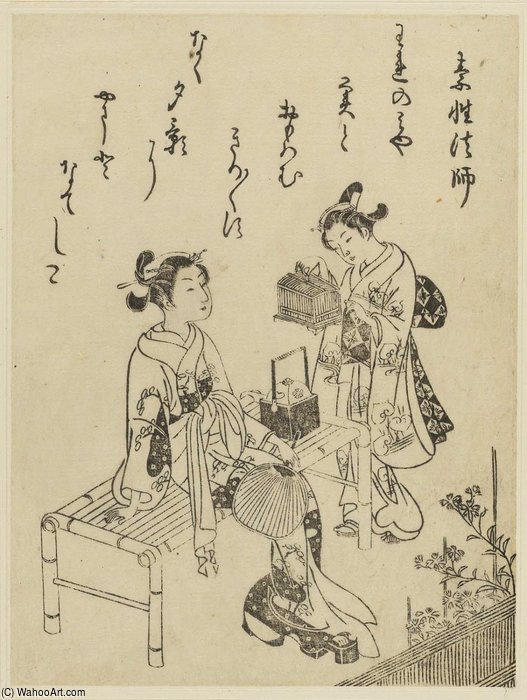 WikiOO.org - Enciclopedia of Fine Arts - Pictura, lucrări de artă Suzuki Harunobu - A Girl Seated On A Bench, A Maid With A Cage Of Crickets