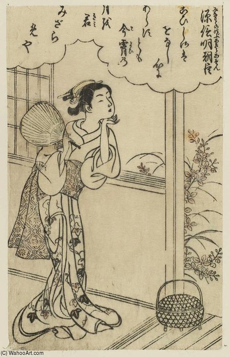 Wikioo.org - The Encyclopedia of Fine Arts - Painting, Artwork by Suzuki Harunobu - A Girl Wistfully Leans On Window Sill