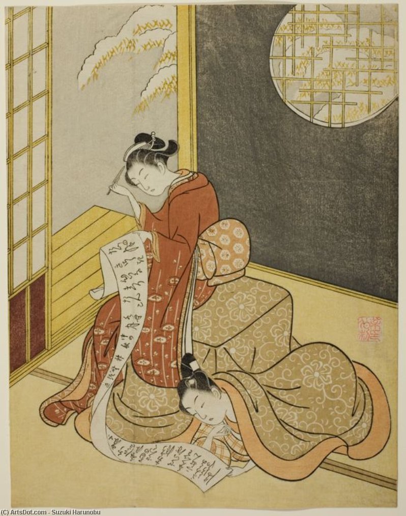 Wikioo.org - The Encyclopedia of Fine Arts - Painting, Artwork by Suzuki Harunobu - A Man And Woman Reading A Letter In The Kotatsu