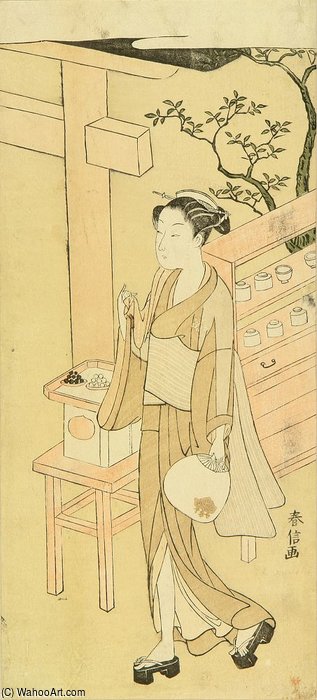 WikiOO.org - Енциклопедия за изящни изкуства - Живопис, Произведения на изкуството Suzuki Harunobu - A Teahouse Waitress, Osen, Hollding A Fan