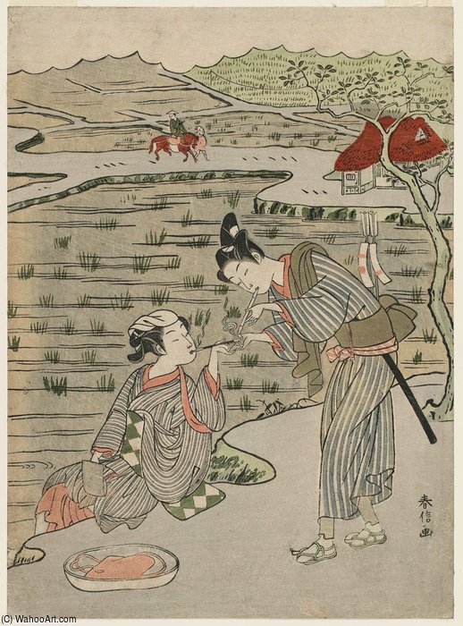 Wikioo.org - The Encyclopedia of Fine Arts - Painting, Artwork by Suzuki Harunobu - A Traveller In The Country Getting A Light For His Pipe
