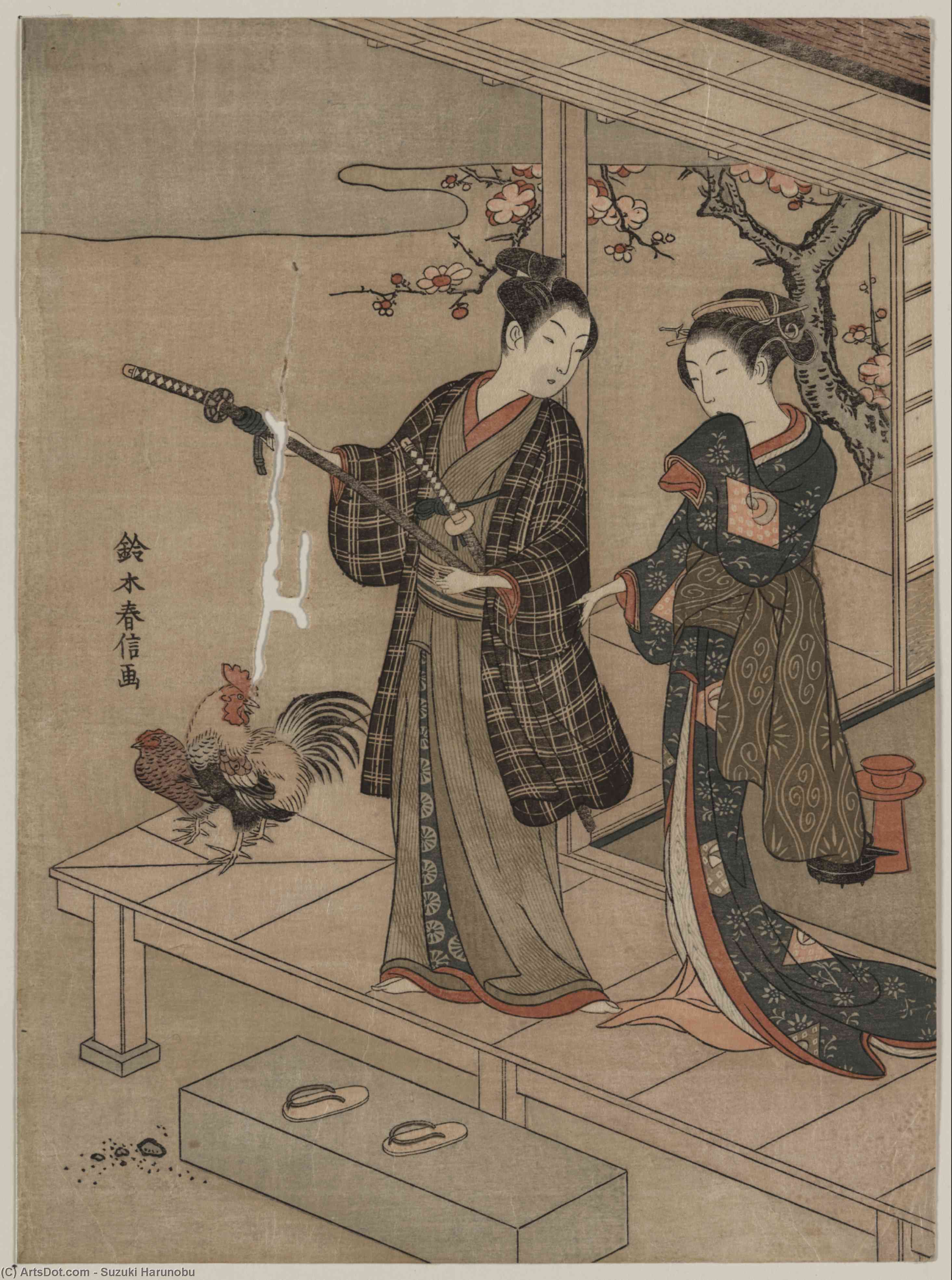Wikioo.org - The Encyclopedia of Fine Arts - Painting, Artwork by Suzuki Harunobu - A Young Dandy And A Woman On A Veranda