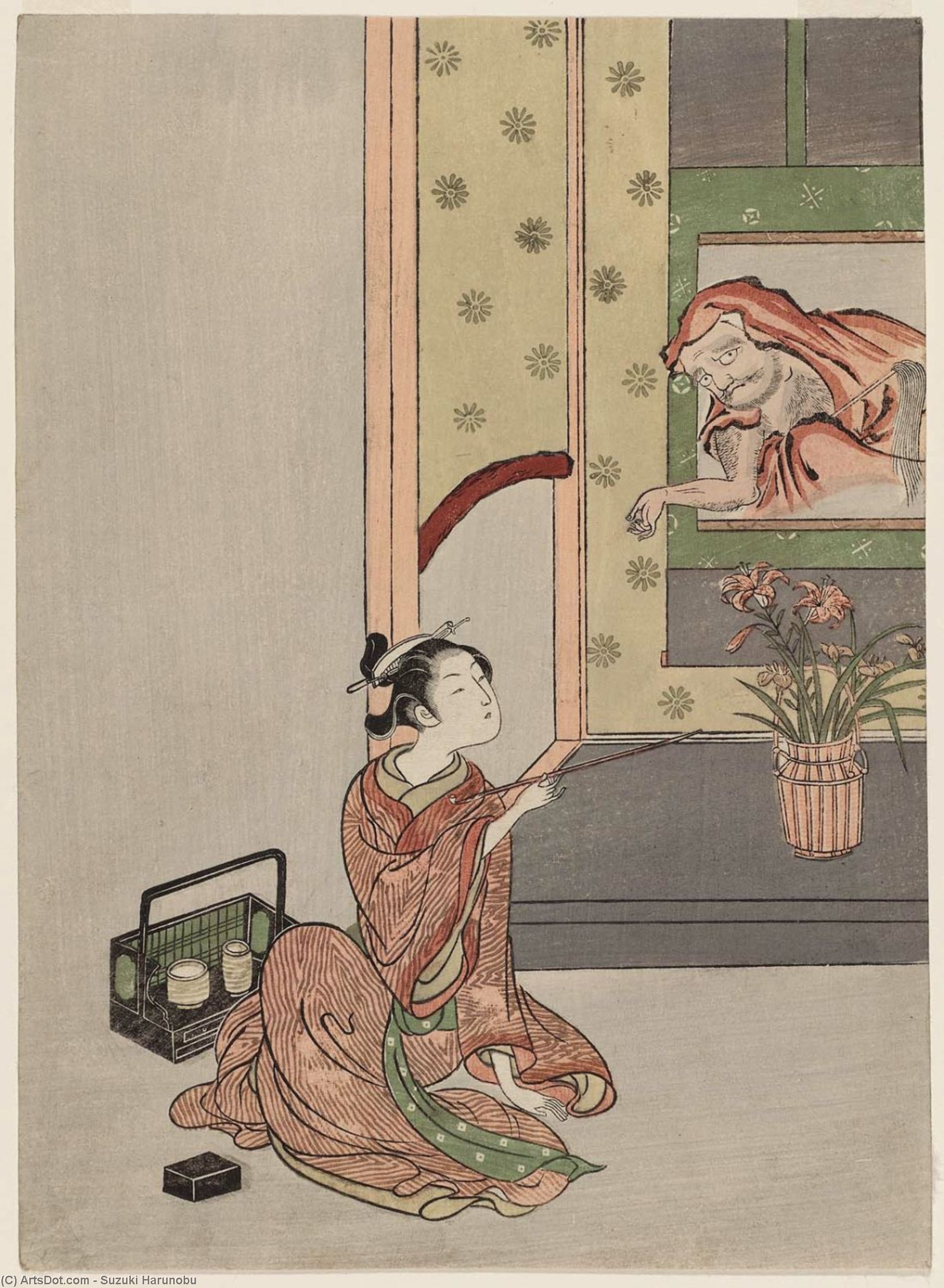 WikiOO.org - Encyclopedia of Fine Arts - Schilderen, Artwork Suzuki Harunobu - A Young Woman Smoking And Daruma Emerging From A Hanging Scroll