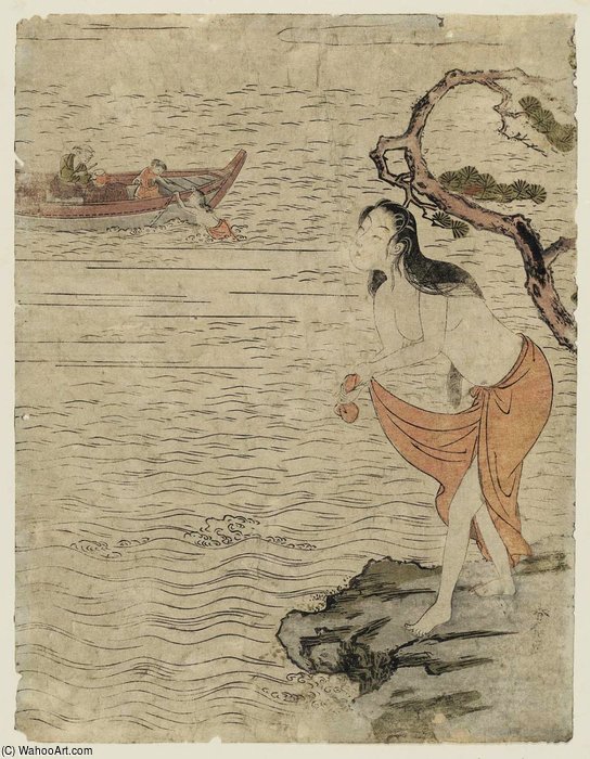 Wikioo.org - The Encyclopedia of Fine Arts - Painting, Artwork by Suzuki Harunobu - Awabi Diver Wringing Out Her Skirt