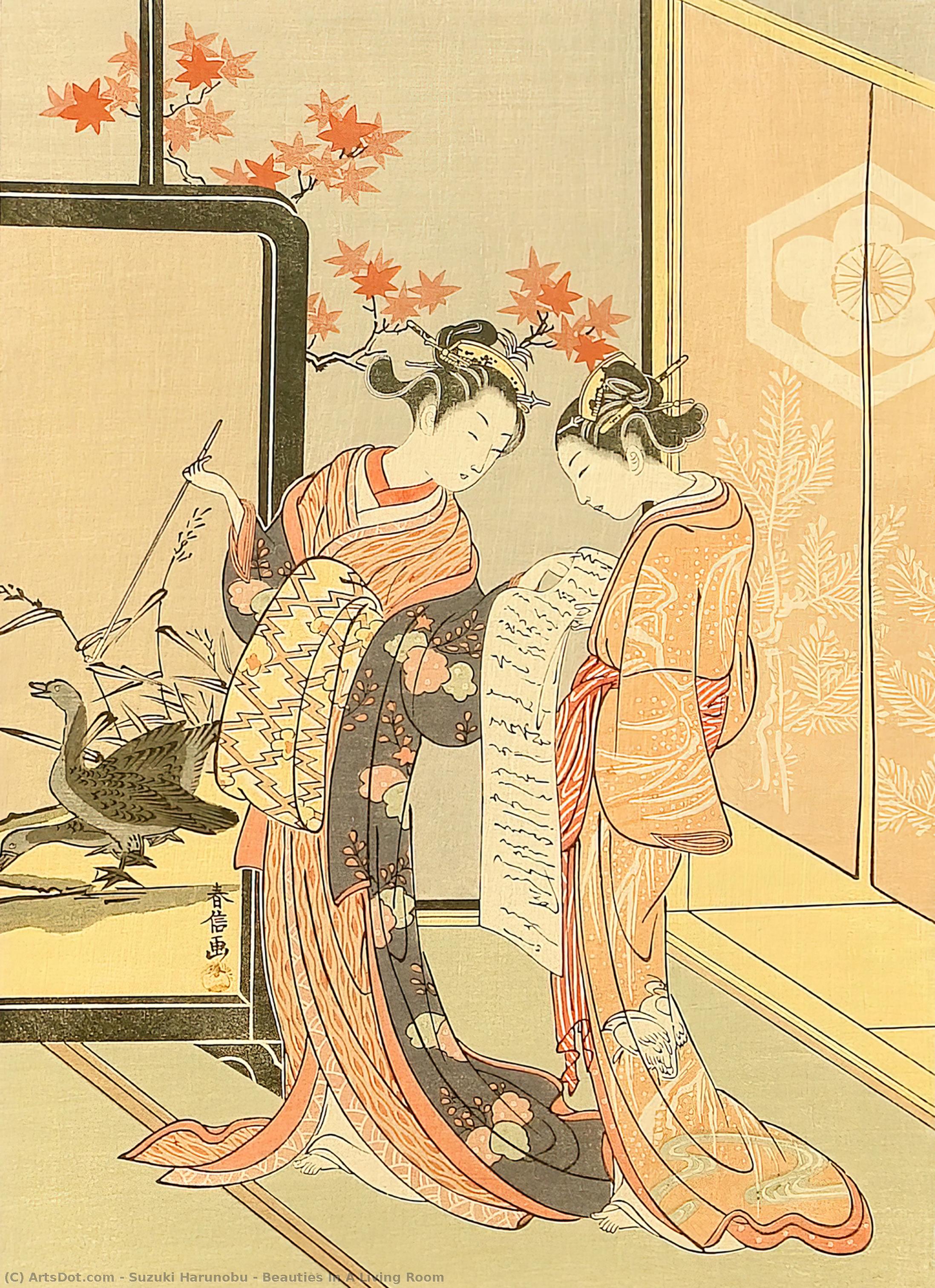 Wikioo.org – La Enciclopedia de las Bellas Artes - Pintura, Obras de arte de Suzuki Harunobu - bellezas cómo  Un  viviendo  habitación