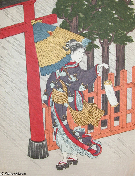 Wikioo.org – L'Enciclopedia delle Belle Arti - Pittura, Opere di Suzuki Harunobu - Bijin In Pioggia