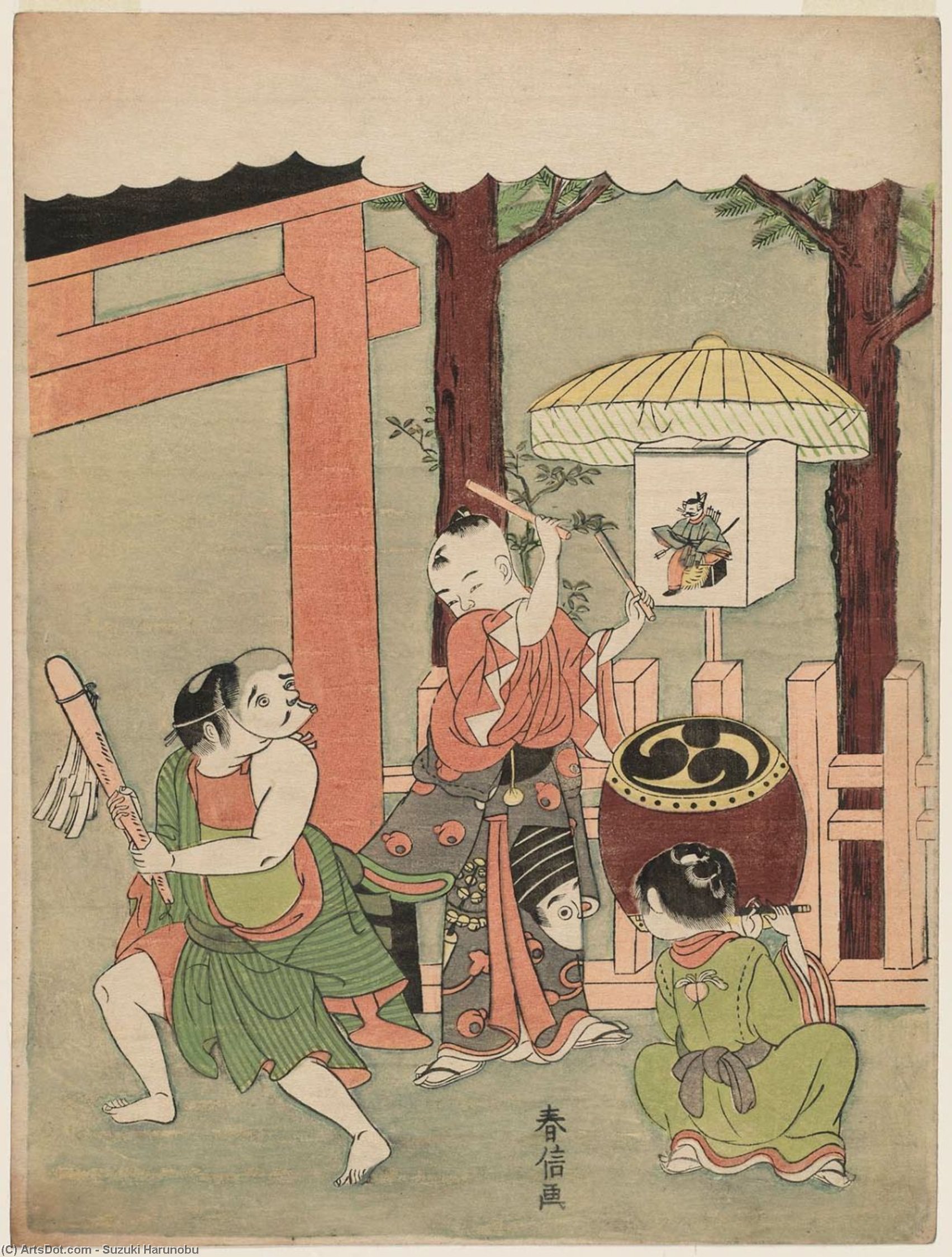 Wikioo.org - The Encyclopedia of Fine Arts - Painting, Artwork by Suzuki Harunobu - Children's Dance At The Inari Festival