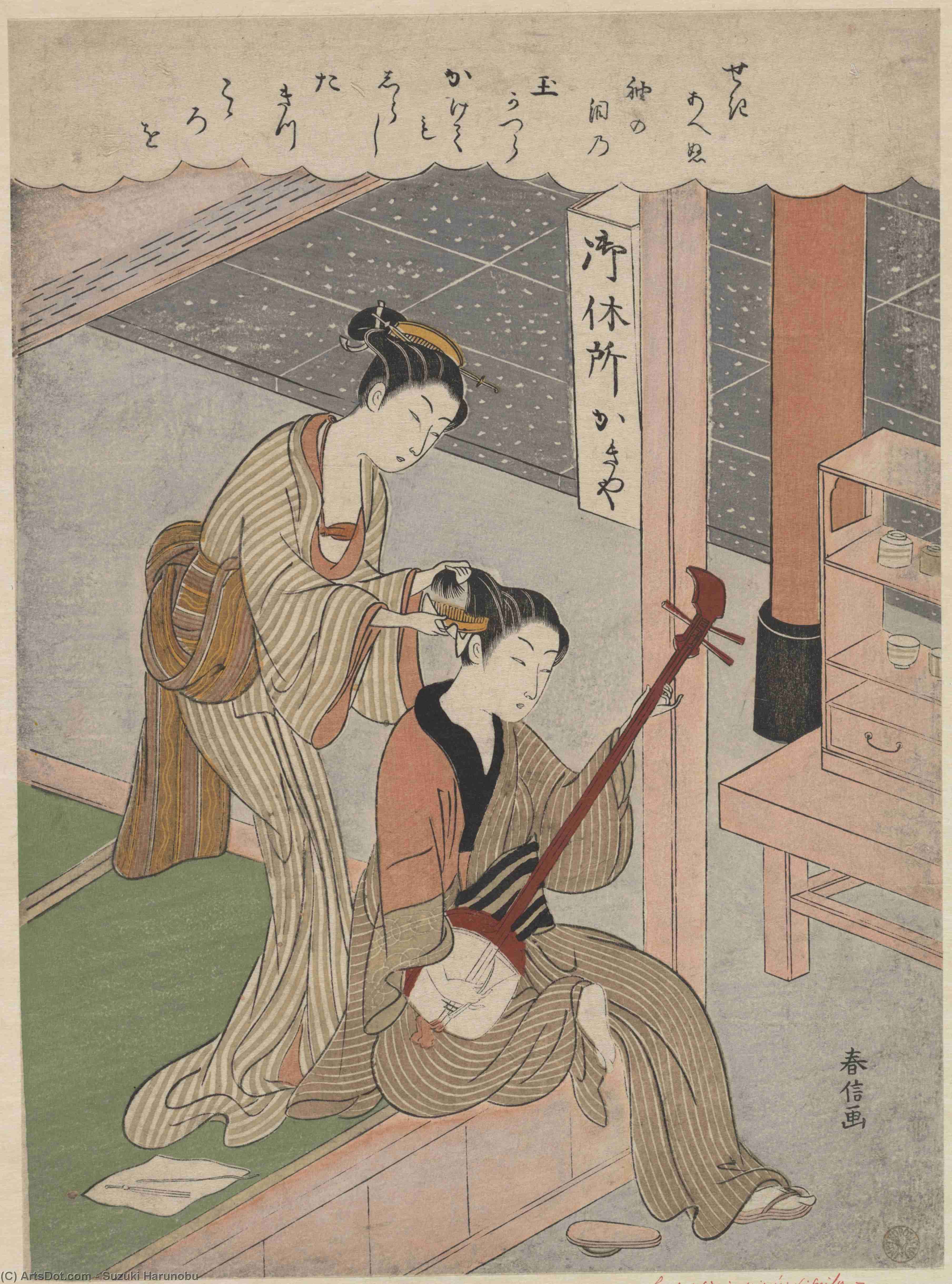 WikiOO.org - Encyclopedia of Fine Arts - Maleri, Artwork Suzuki Harunobu - Combing His Hair