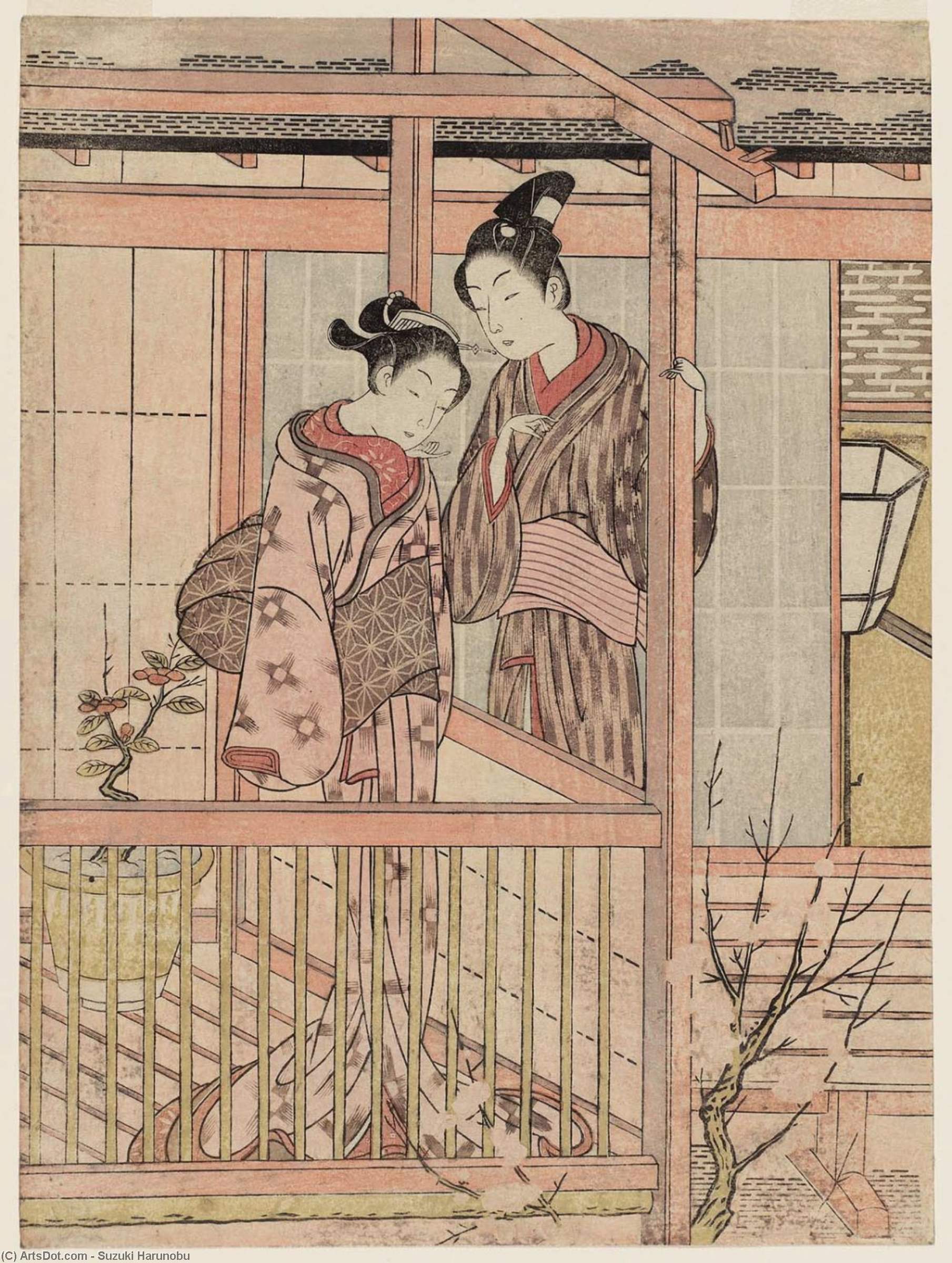 Wikioo.org - The Encyclopedia of Fine Arts - Painting, Artwork by Suzuki Harunobu - Couple On A Drying Platform