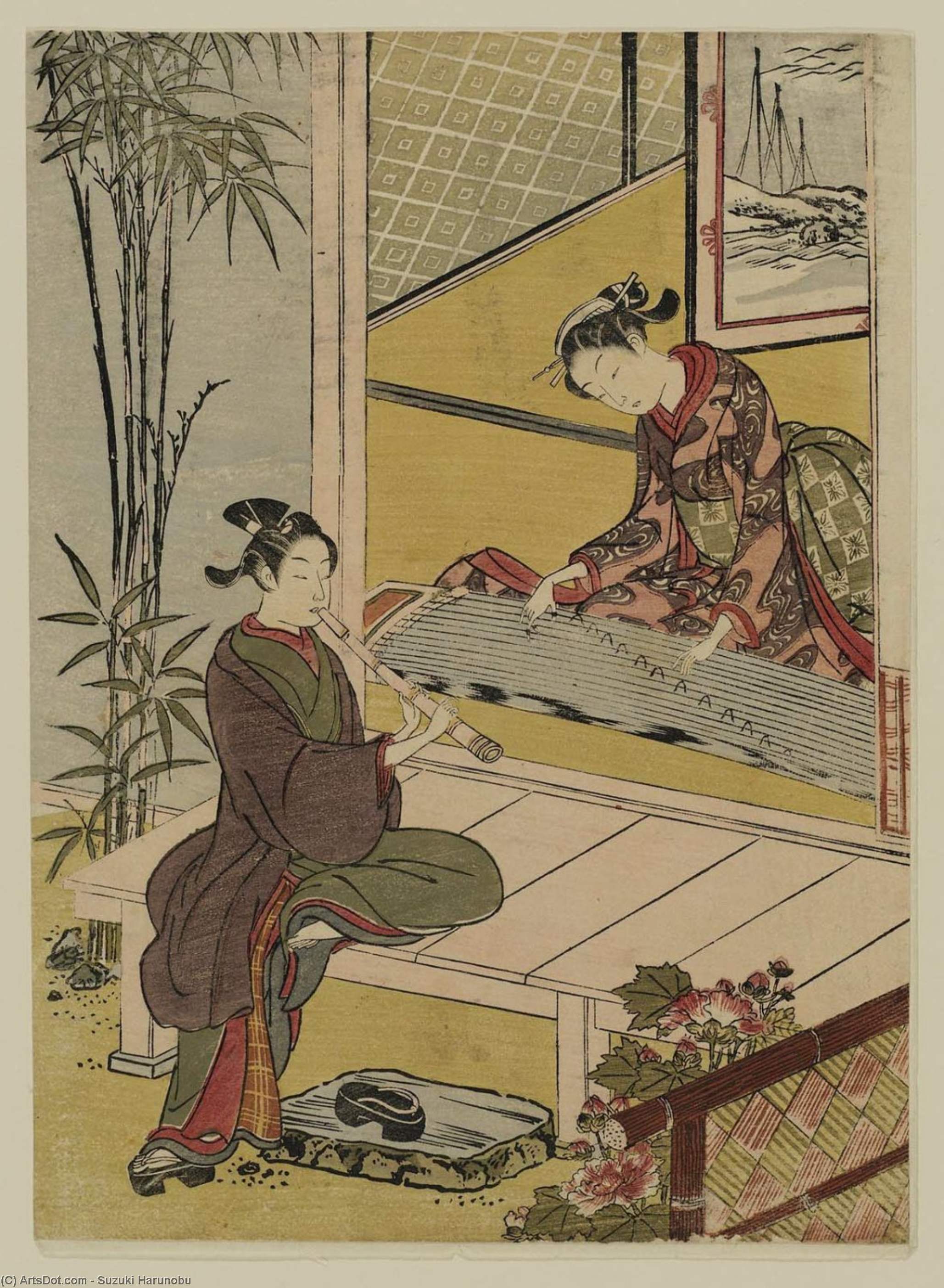 Wikioo.org - The Encyclopedia of Fine Arts - Painting, Artwork by Suzuki Harunobu - Couple Playing A Duet On Koto And Shakuhachi