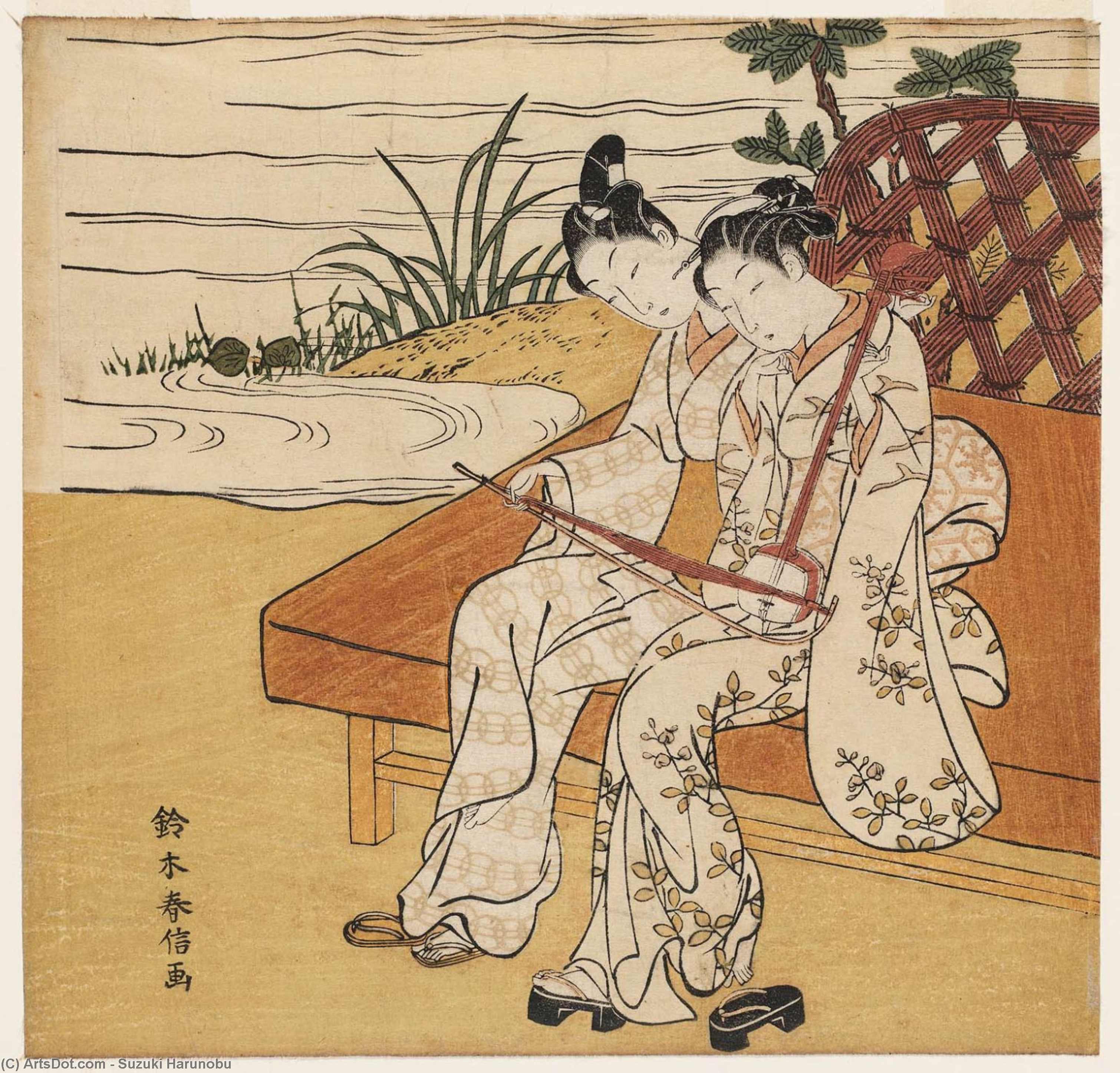 Wikioo.org - The Encyclopedia of Fine Arts - Painting, Artwork by Suzuki Harunobu - Couple Playing A Kokyû Together