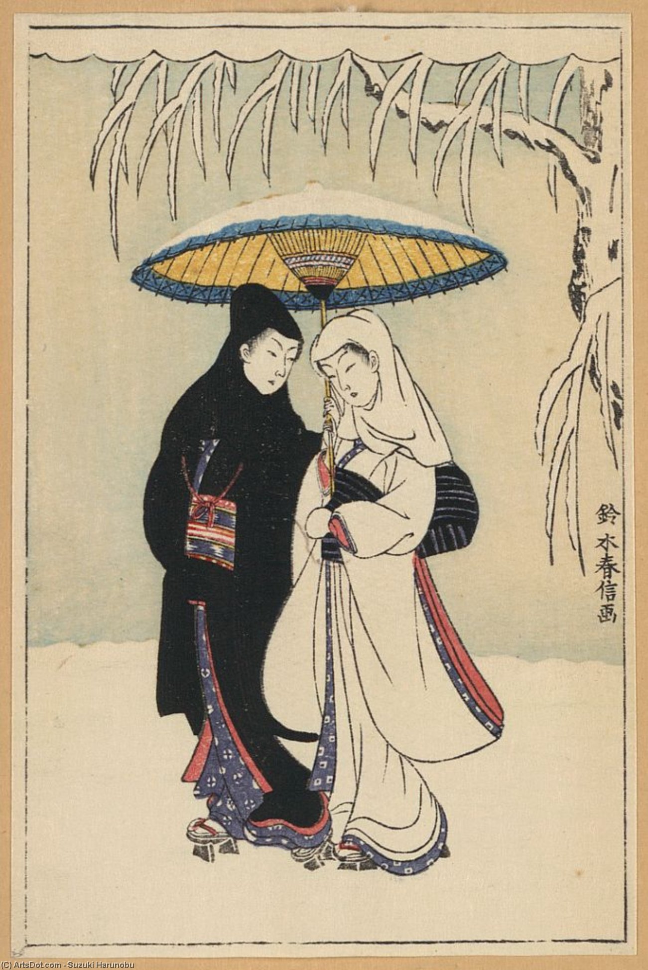 Wikioo.org - The Encyclopedia of Fine Arts - Painting, Artwork by Suzuki Harunobu - Couple Under Umbrella In The Snow