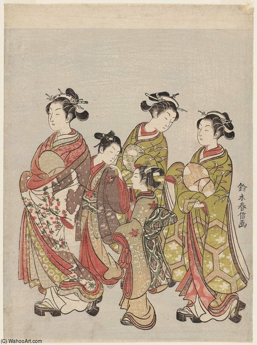 Wikioo.org - The Encyclopedia of Fine Arts - Painting, Artwork by Suzuki Harunobu - Courtesan And Attendants On Parade