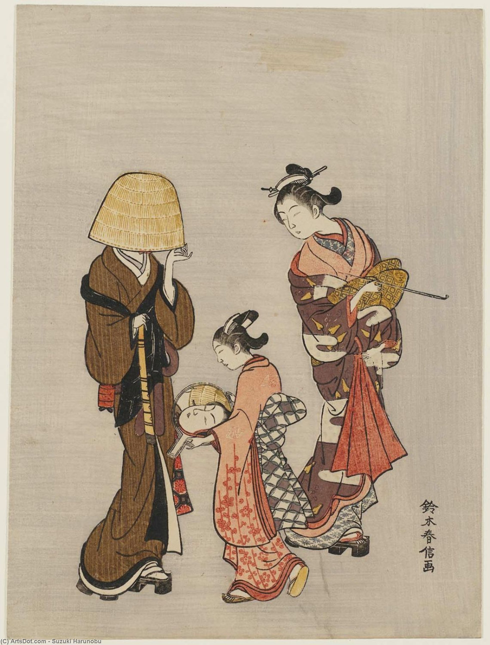 Wikioo.org - The Encyclopedia of Fine Arts - Painting, Artwork by Suzuki Harunobu - Courtesan And Kamuro Looking At The Face Of A Komusô Reflected In A Mirror