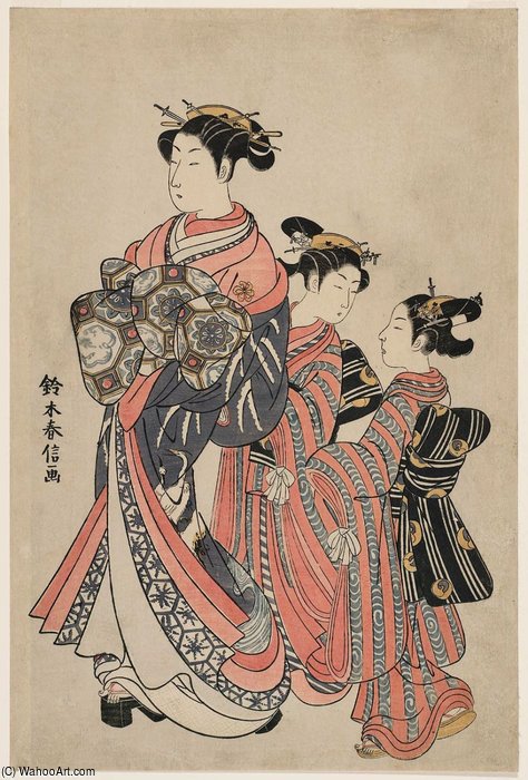 Wikioo.org - The Encyclopedia of Fine Arts - Painting, Artwork by Suzuki Harunobu - Courtesan And Kamuro On Parade